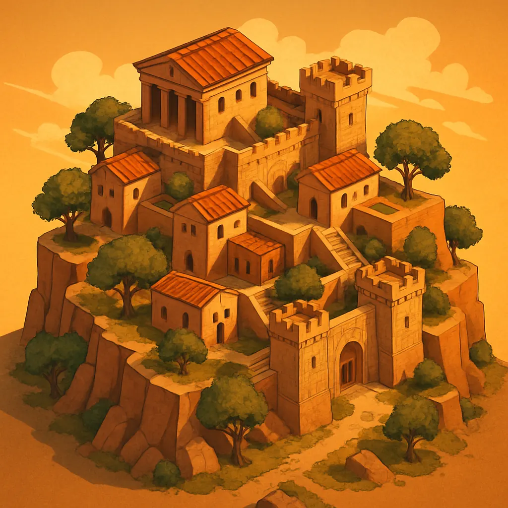 Illustrazione di una cittadella digitale al tramonto